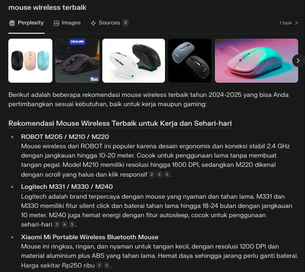 Perplexity result of “best wireless mouse”
